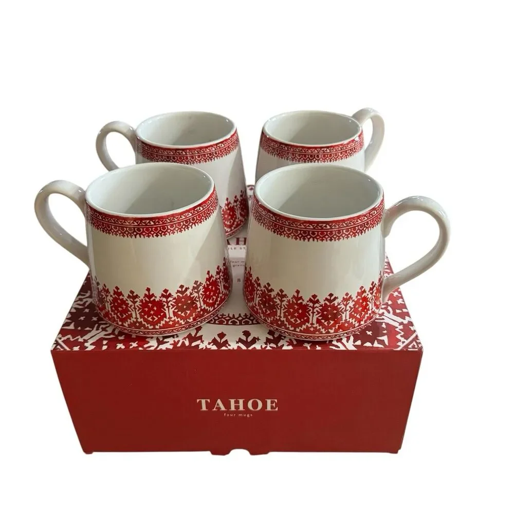 Pottery Barn Tahoe Fair Isle Icon Stoneware Mug Set of 4 Christmas NIB
